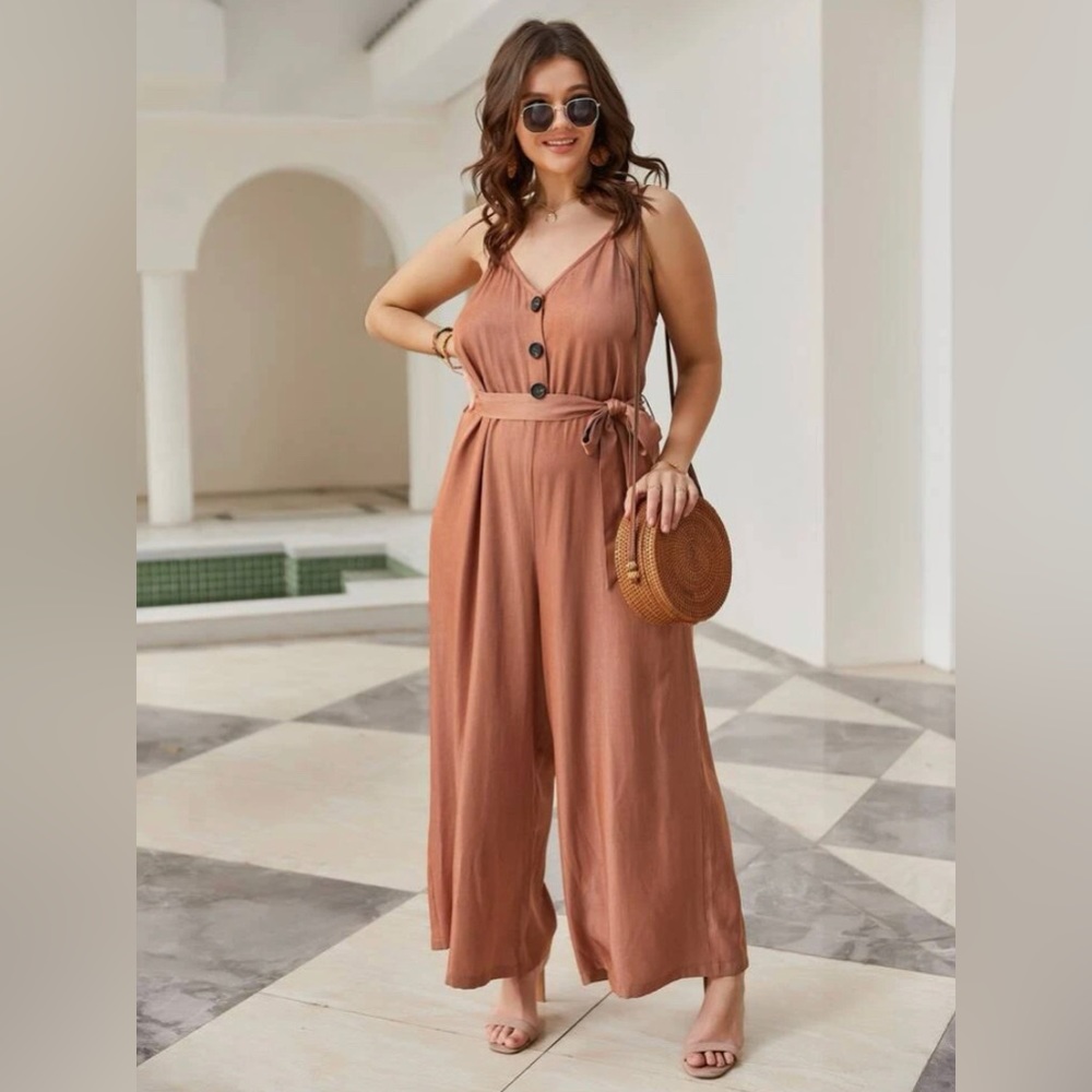 Shein Plus Solid Button Front Belted Cami Jumpsuit - size 0X